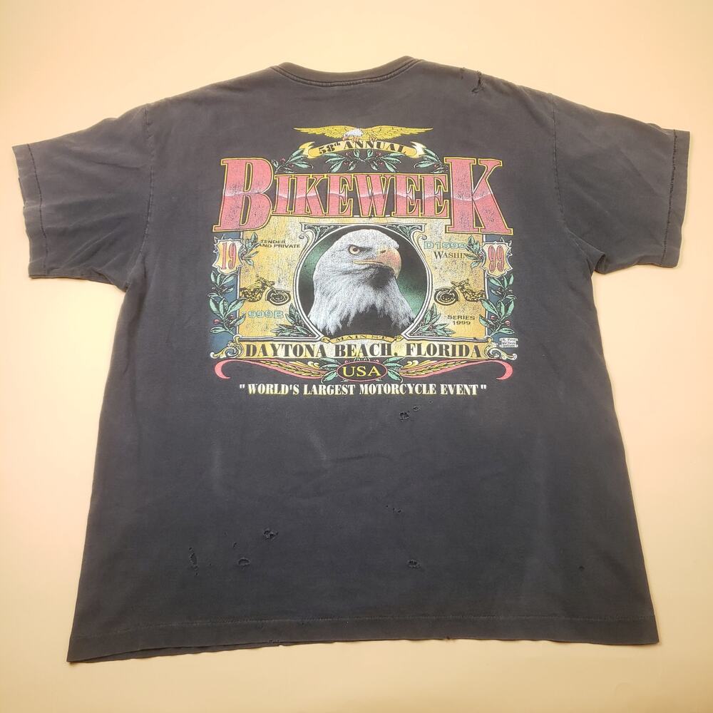 1999 Bike Week Distressed T Shirt Motorcycle Daytona Bike Bald Eagle Holes Fade